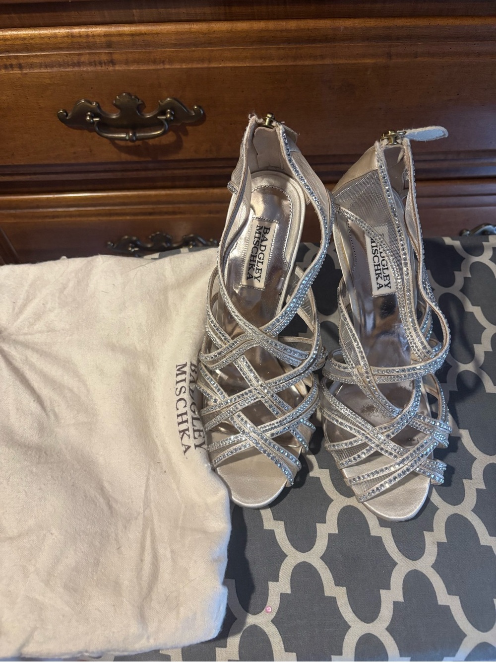 Badgley Mischka Silver Rhinestone Strappy Heels